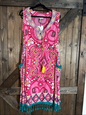 epson Pink Multicolor Sleeveless Midi Dress with Teal Tassel Trim